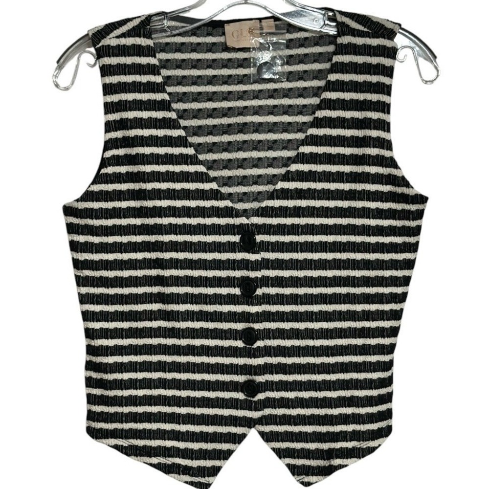 Good Luck Gem Textured Vest Women Black White Striped Button Crop Preppy Retro M